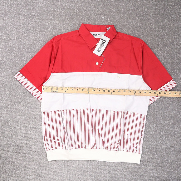 VTG 80s 90s Award Deadstock Medium Red White Striped Short Sleeve Collared Shirt - Picture 4 of 10